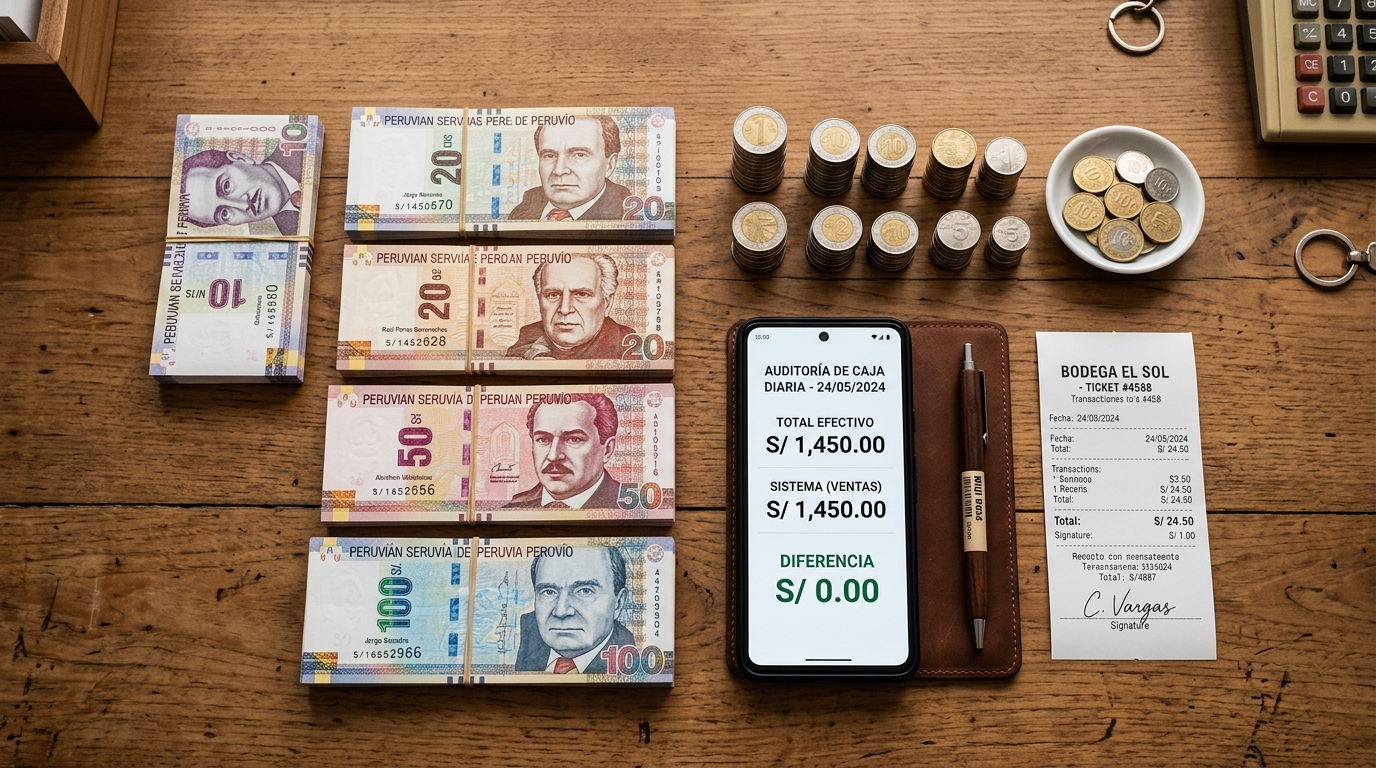 Cajero realizando el arqueo de caja con desglose de efectivo, Yape y tarjetas