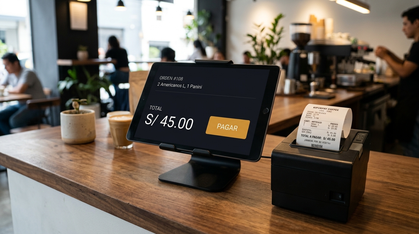 Mostrador de comercio con tablet y comprobante de venta emitido al instante