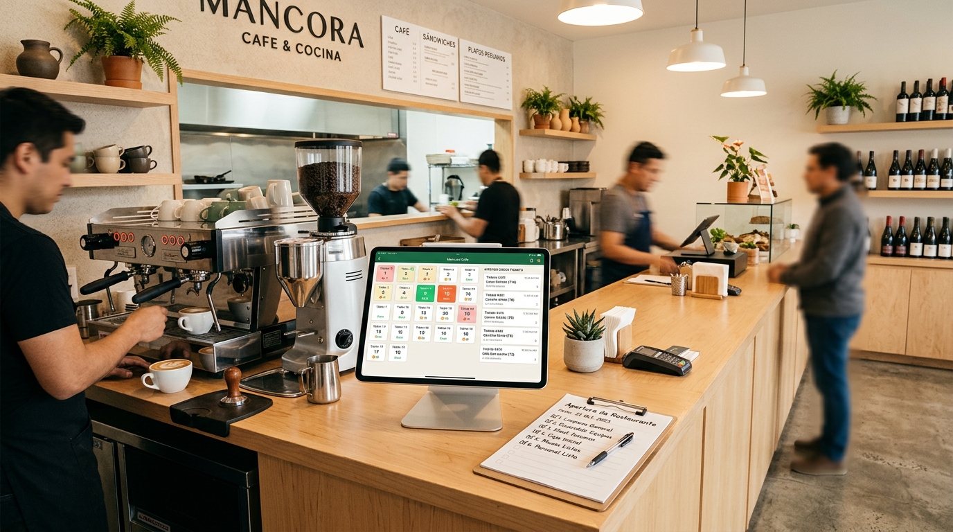 Mostrador de cafetería con comanda organizada, caja y servicio al cliente