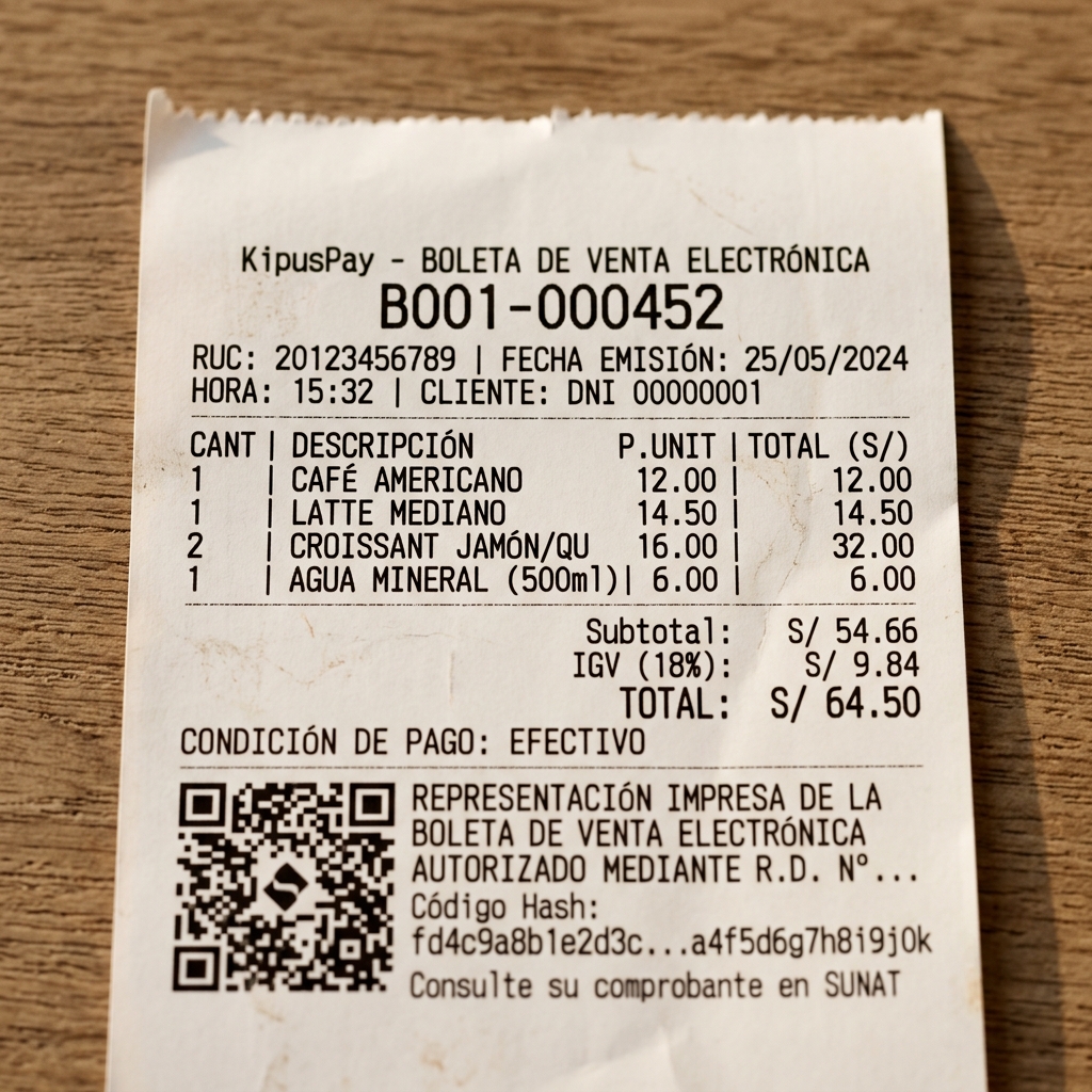 Comprobante de pago electrónico emitido en ticket térmico con código QR y formato estándar SUNAT